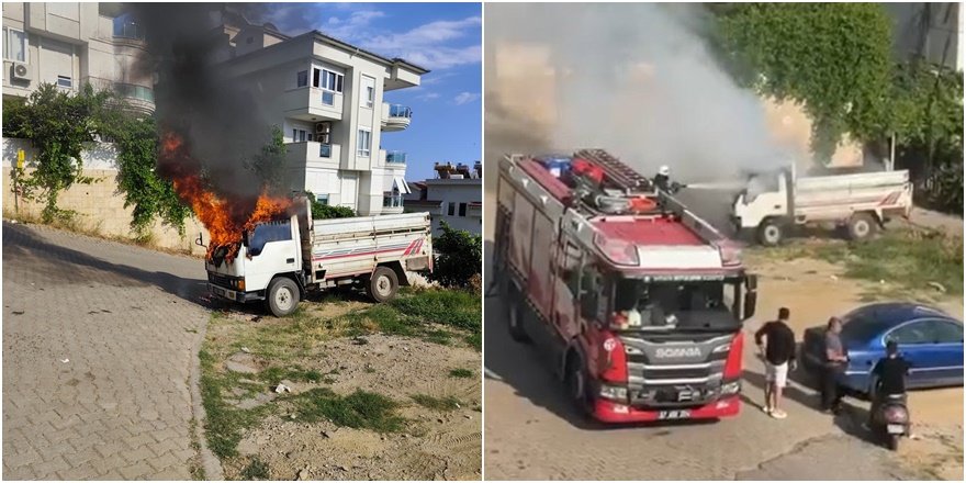 Alanya’da park halindeki kamyonet alev aldı