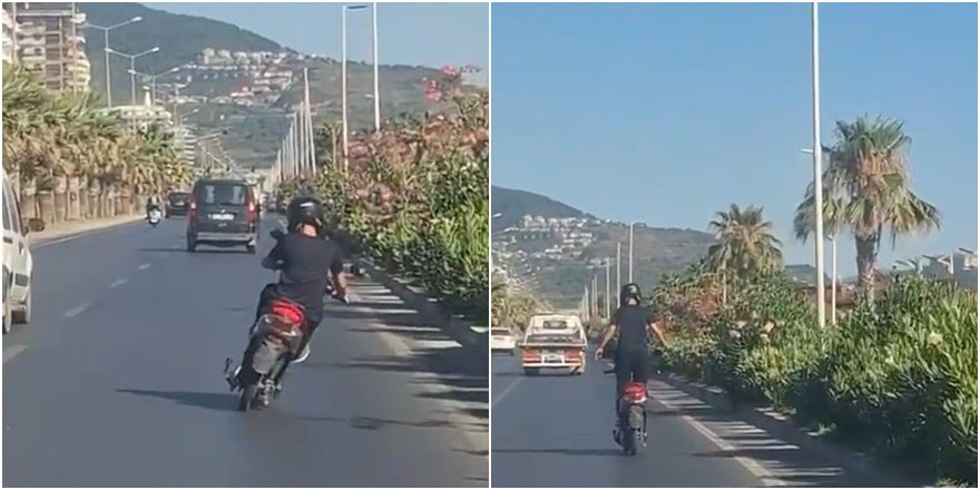 Alanya'da motosiklet üzerinde ayakta tehlikeli gösteri