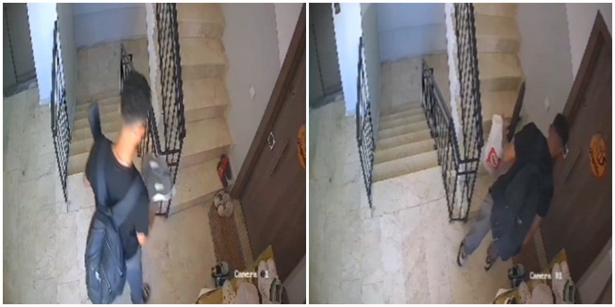 Apartmanda ayakkabı seçen hırsız kamerada