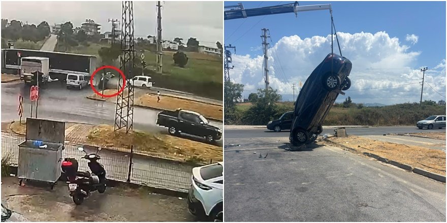 Tırın otomobili sürükleyip takla attırdığı anlar kamerada