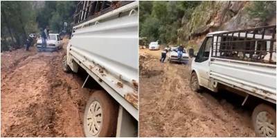 Heyelan sonrası yol çamura döndü, araçlar mahsur